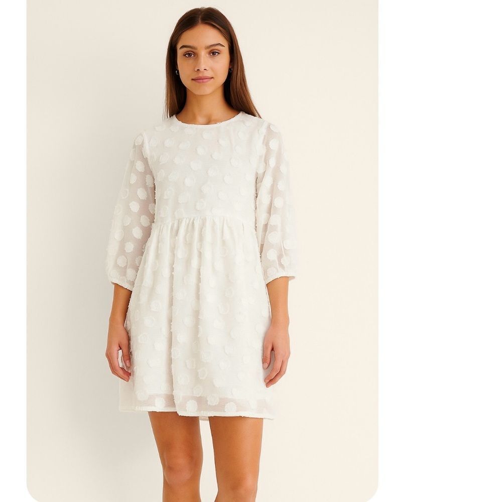 NWT Crescent Eyelash White Babydoll Long Sleeve‎ Semi Sheer Mini Dress, Small